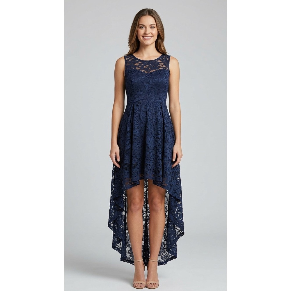 Muadress Navy Blue Lace High Low Dress Sleeveless Sheer Wedding Formal Sz Large